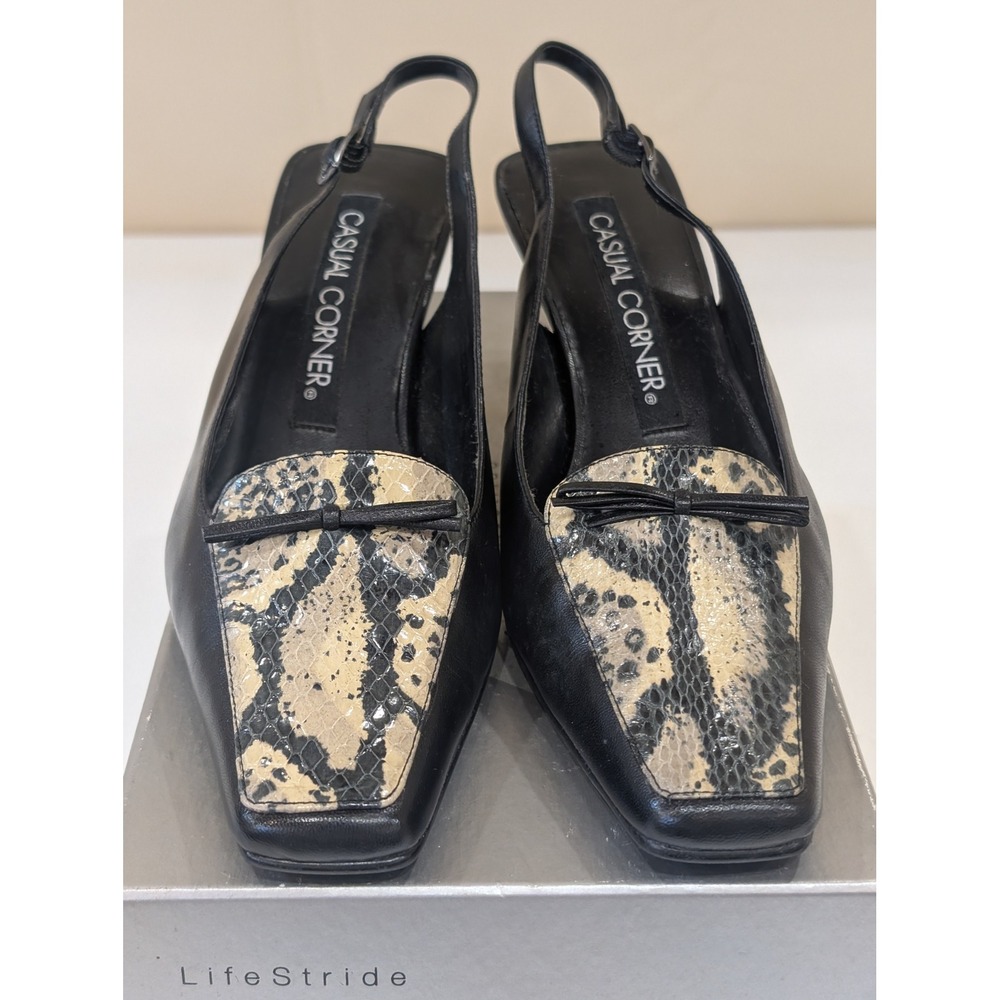 Casual‎ Corner Black Leather Snake Print Slingback Heels Pumps Size 8M